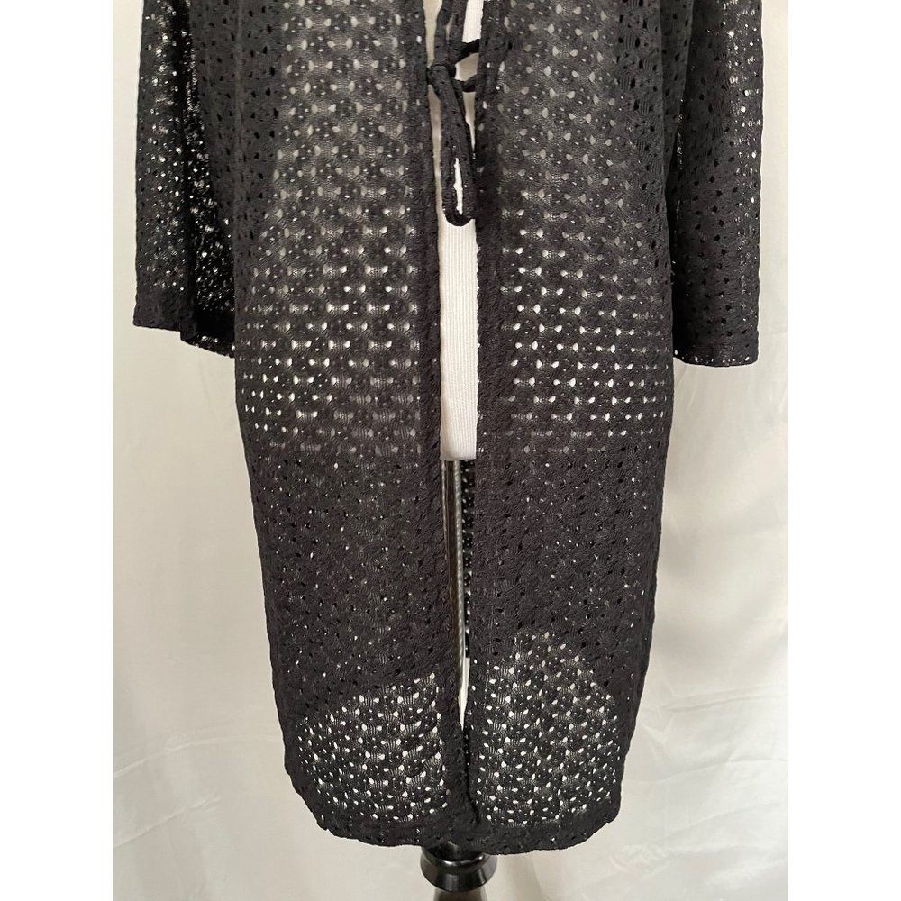 Anne Cole Black Lace Eyelet 3/4 Sleeve Double Tie Front Cardigan - Picture 2 of 12